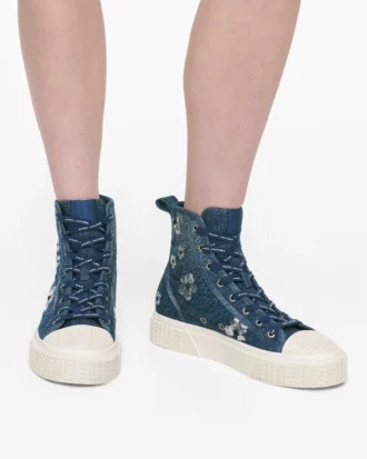 Zapatillas altas de denim con margaritas de lentejuelas