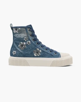Zapatillas altas de denim con margaritas de lentejuelas