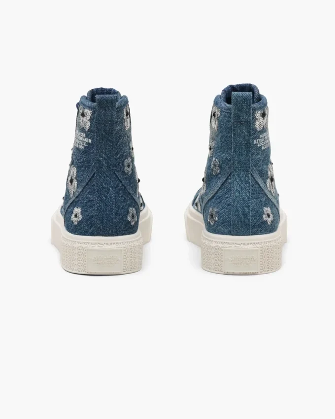 Zapatillas altas de denim con margaritas de lentejuelas