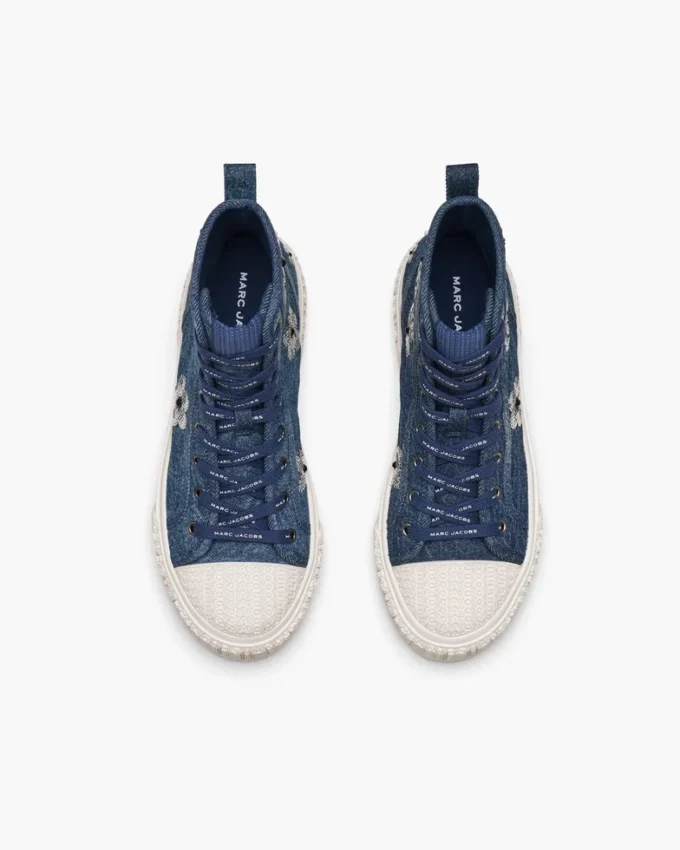 Zapatillas altas de denim con margaritas de lentejuelas